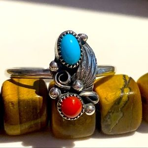 Sterling Turquoise & Coral Native American Style Ring Sz 6